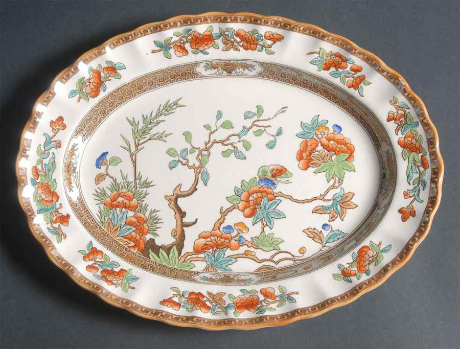 Indian Tree (Orange Rust, Scallop, Mustard Trim) 11" Oval Serving Platter by Spode-1