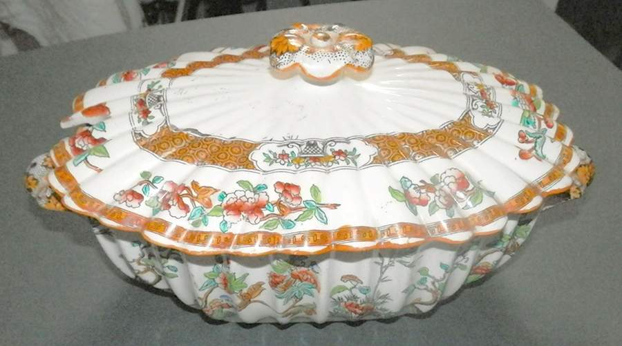 Indian Tree (Orange Rust, Scallop, Mustard Trim) Oval Tureen & Lid by Spode-1