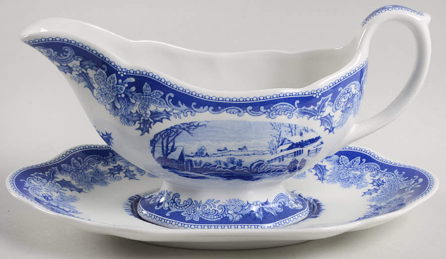 Winter's Eve Blue (Camilla Shape) Gravy Boat & Underplate by Spode-1