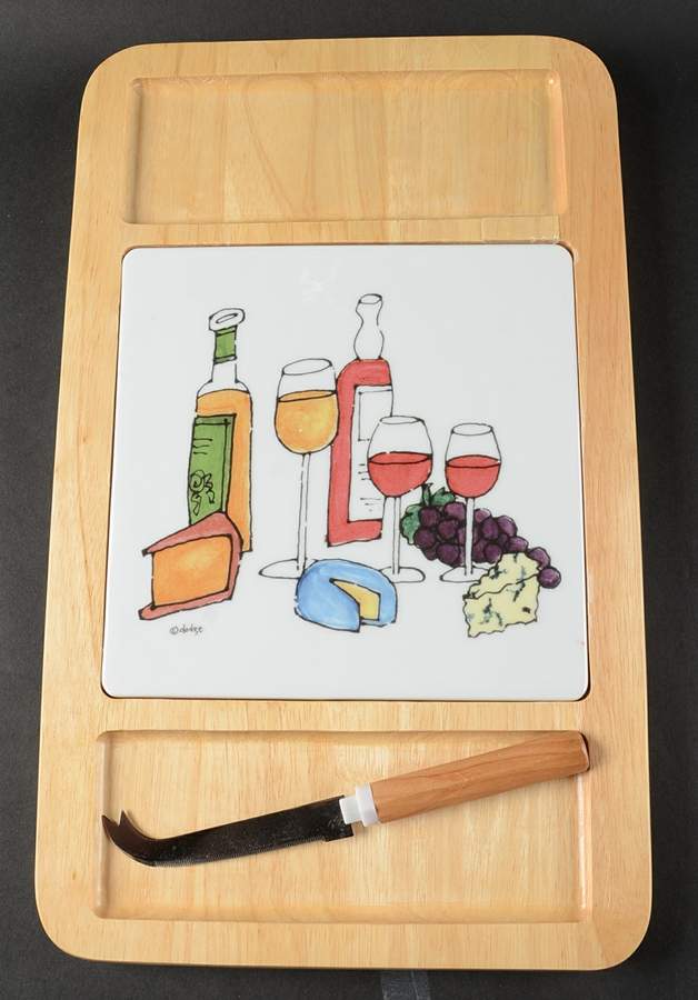 Wine & Cheese Cheese Board with Ceramic Tile & Wood Handle Knife by Signature-1