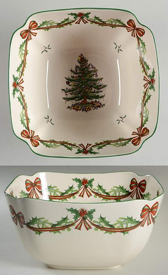 Christmas Tree 9" Sq. Salad Serving Bowl w/65th Anniversary Bkstp by Spode-1