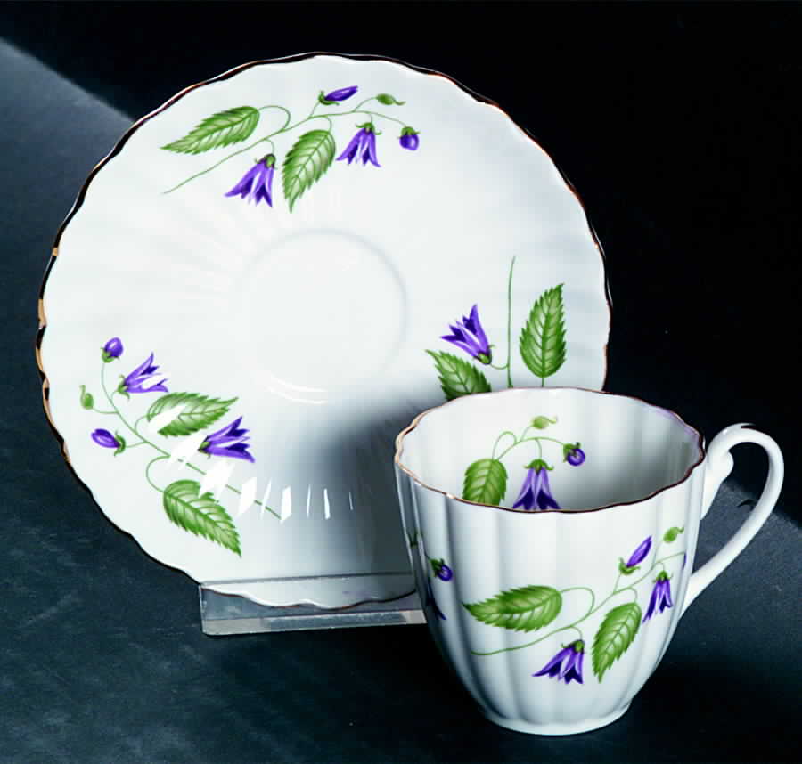 Campanula (Gold Trim, Fluted) Flat Demitasse Cup & Saucer Set by Shelley-1