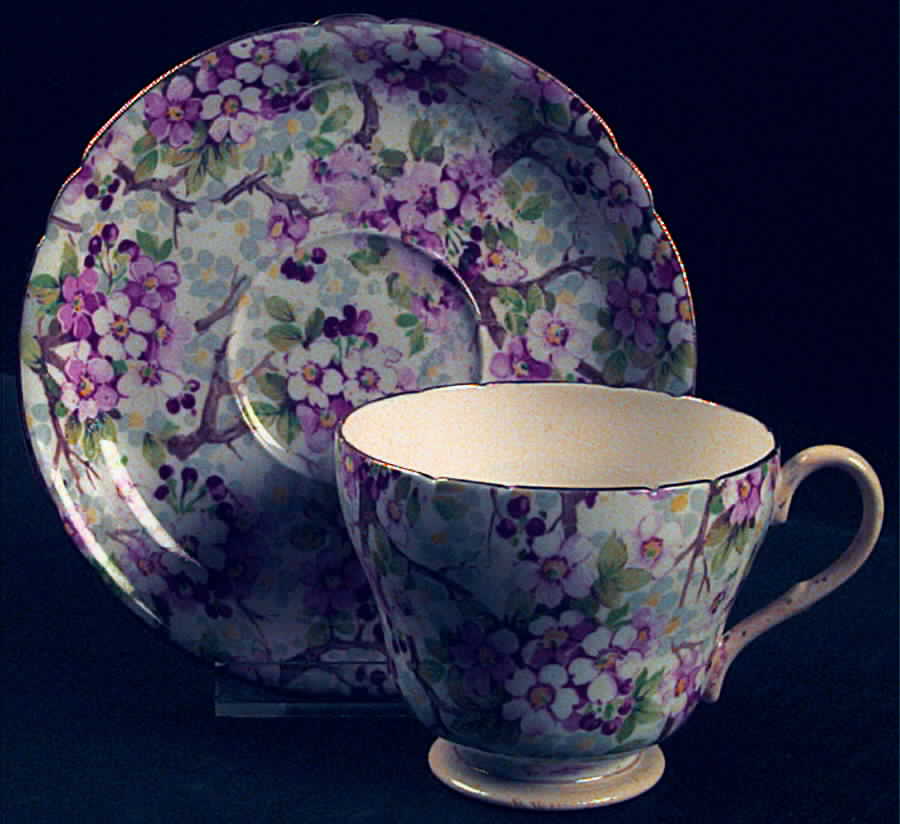 Maytime (Gold Trim, Scalloped) Footed Cup & Saucer Set by Shelley-1