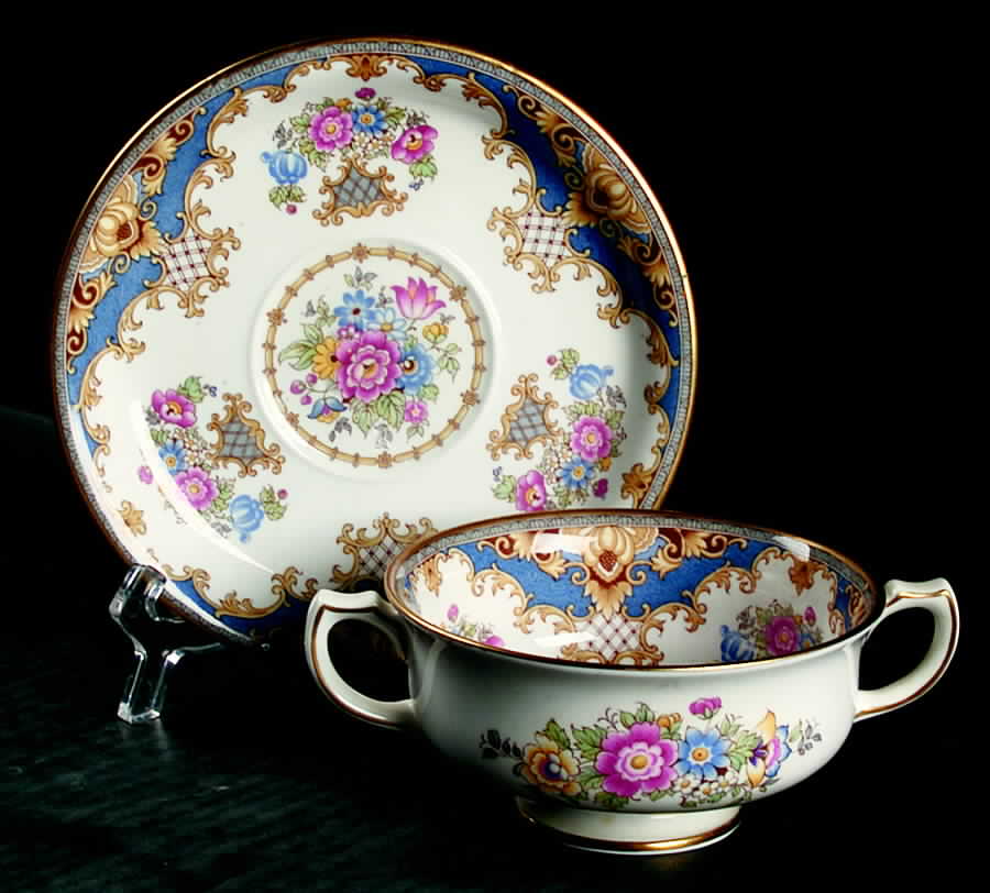 Sheraton Blue (Smooth) Footed Cream Soup Bowl & Saucer Set by Shelley-1