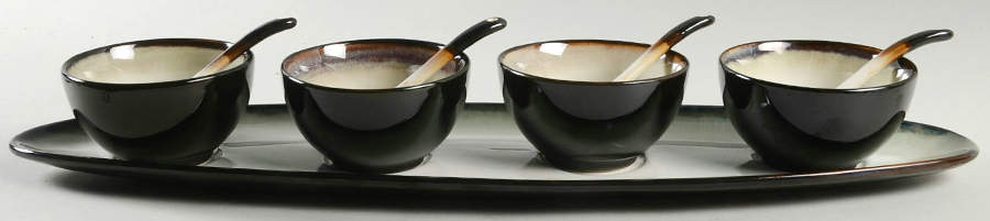 Nova Black (Newer, Grayish White Center) (9 Piece) Condiment Set (4 Bowls, 4 Spoons & Tray) by Sango-1