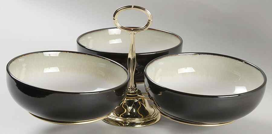 Nova Black (Newer, Grayish White Center) 7" x 12" 3-Part Relish & Metal Stand (CERC) HC by Sango-1