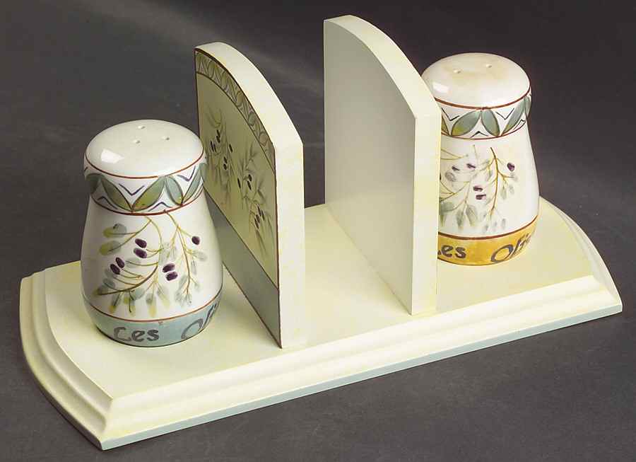 Les Olives Salt & Pepper Set on Wood Napkin Holder Tray by Sakura-1