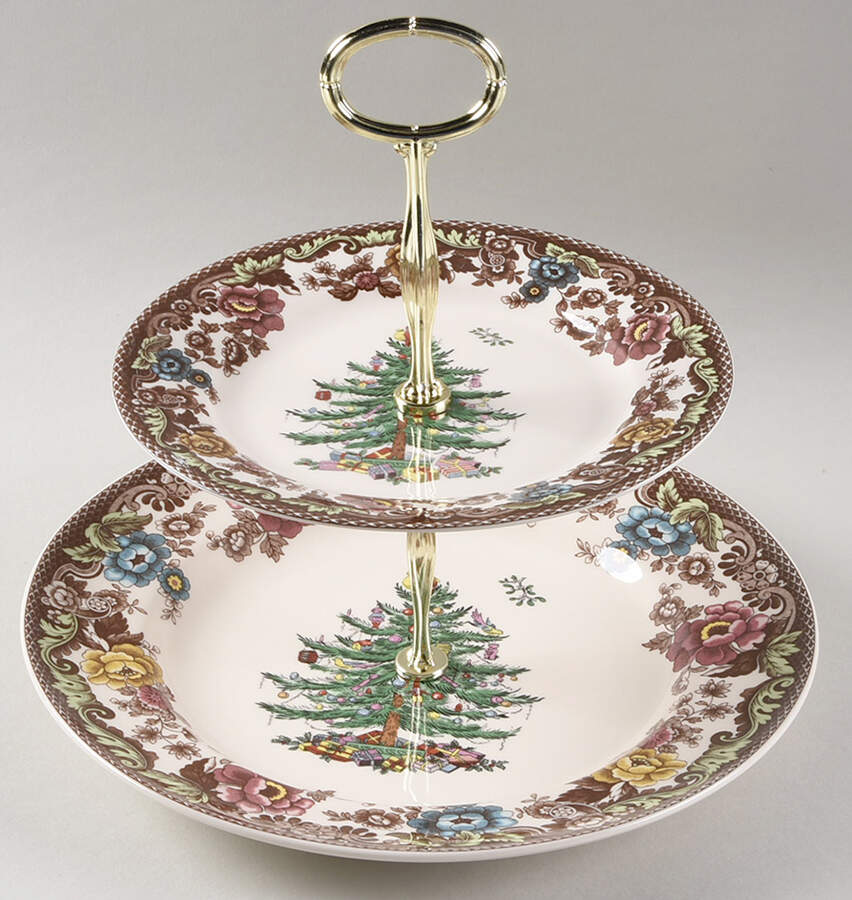 Christmas Tree Grove 6 5/8"-10"  2 Tiered Serving Tray (Dp, Sp) HC by Spode-1