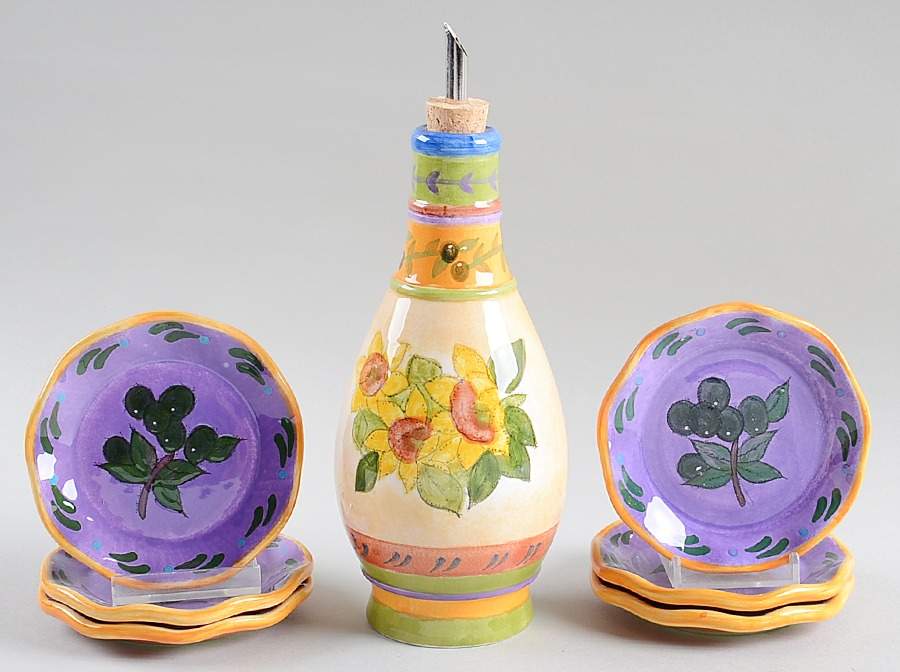 Tuscan Gardens Oil Drizzle Jar & (Set of 6) Dip Saucers by Sango-1