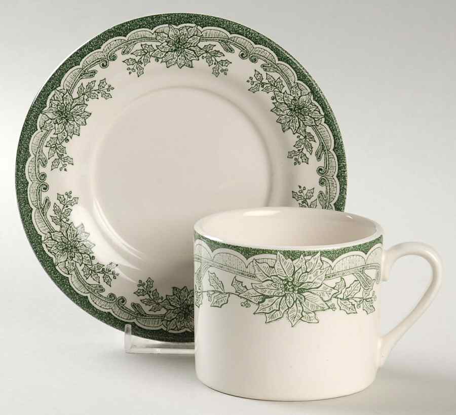 Yuletide Green Flat Cup & Saucer Set by Staffordshire Engraving-1