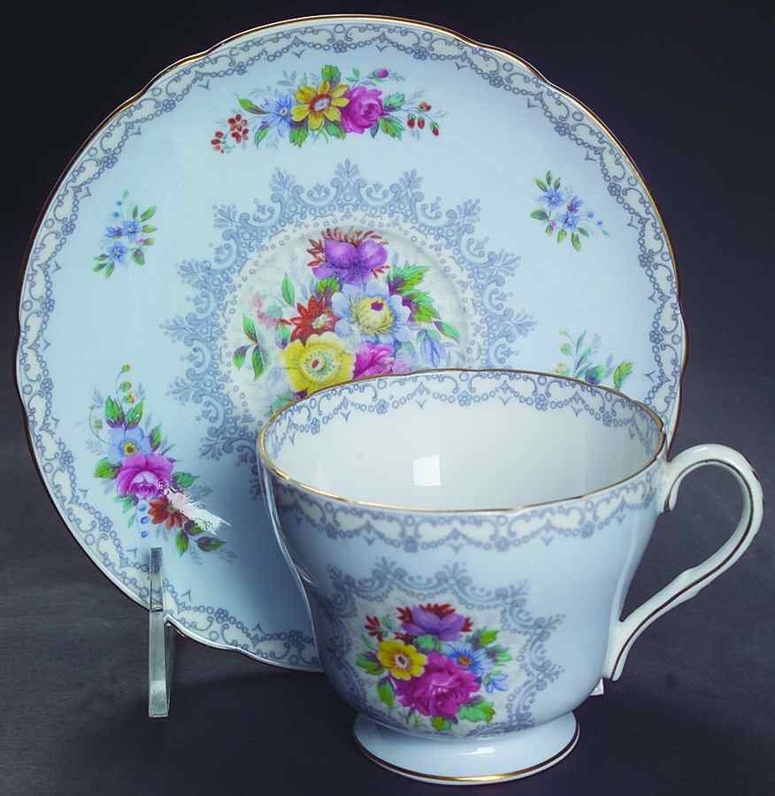 Crochet Blue (Blue Background, Gold Trim) Footed Cup & Saucer Set by Shelley-1