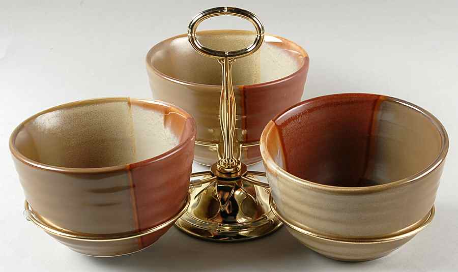 Gold Dust Sienna 7" x 12" 3-Part Relish & Metal Stand (CERC) HC by Sango-1
