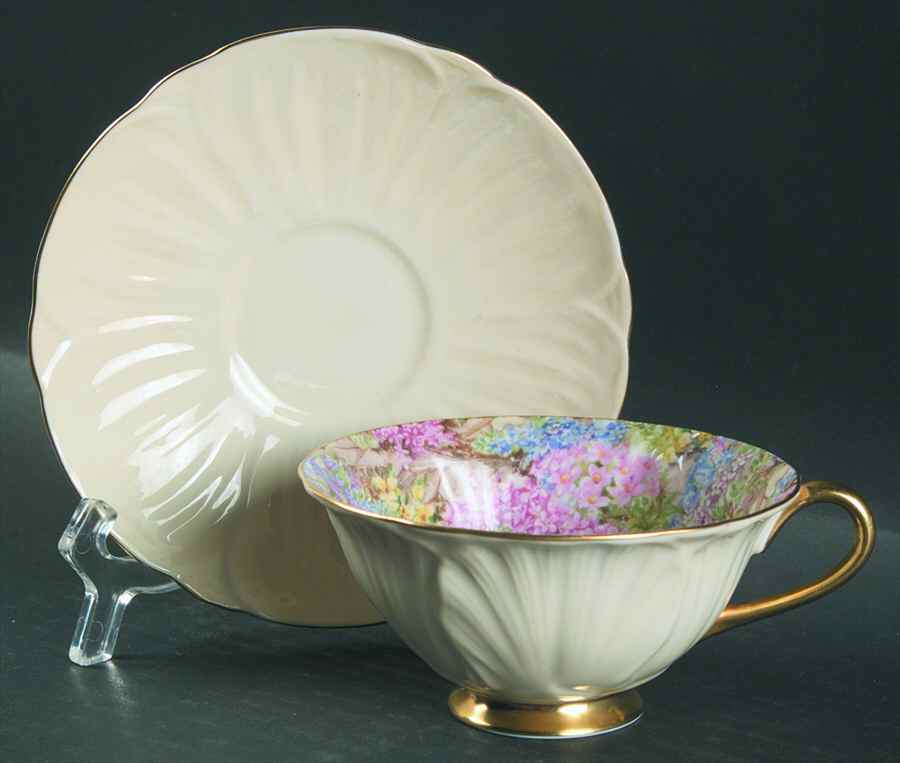 Rock Garden (Oleander, Gold Trim) Footed Cup & Saucer Set by Shelley-1
