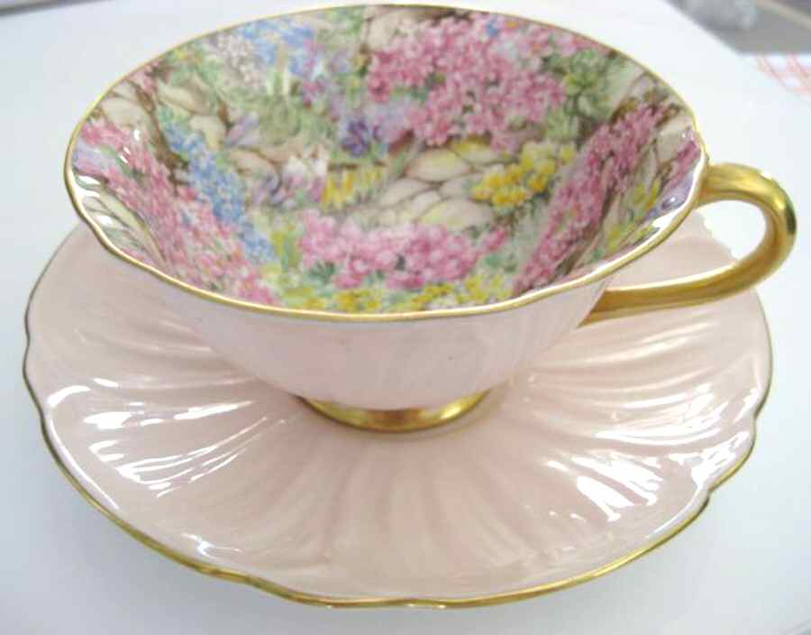 Rock Garden (Oleander, Gold Trim) Footed Cup & Saucer Set by Shelley-1