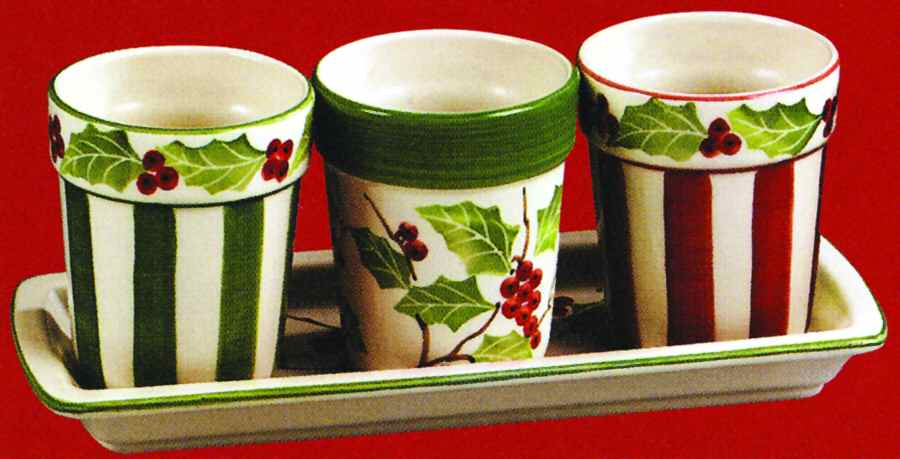 Holly Berries Flower Pot Votive Set (3 Pots & Tray) by Sadek-1