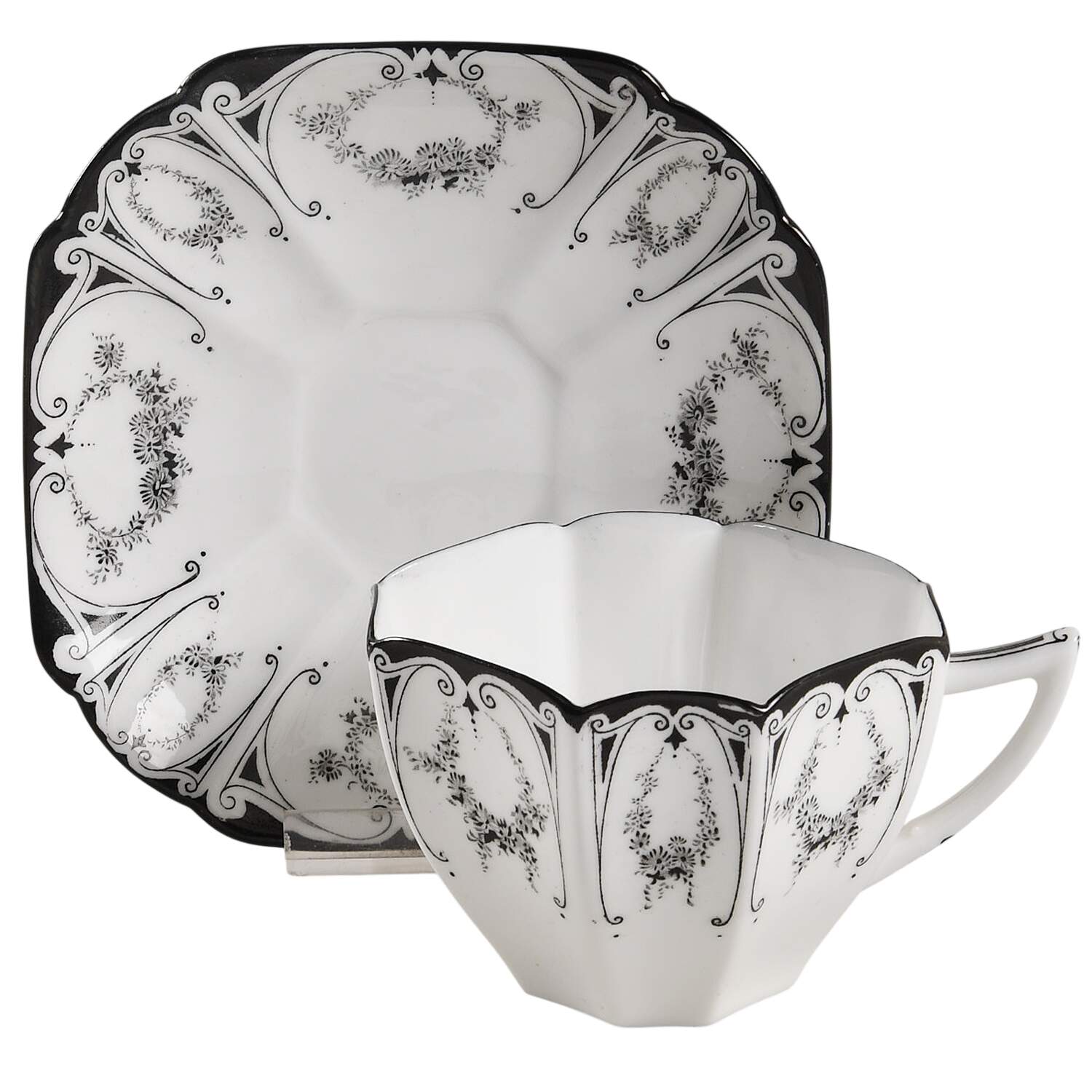 Garland of Flowers Black Flat Cup & Saucer Set by Shelley-1