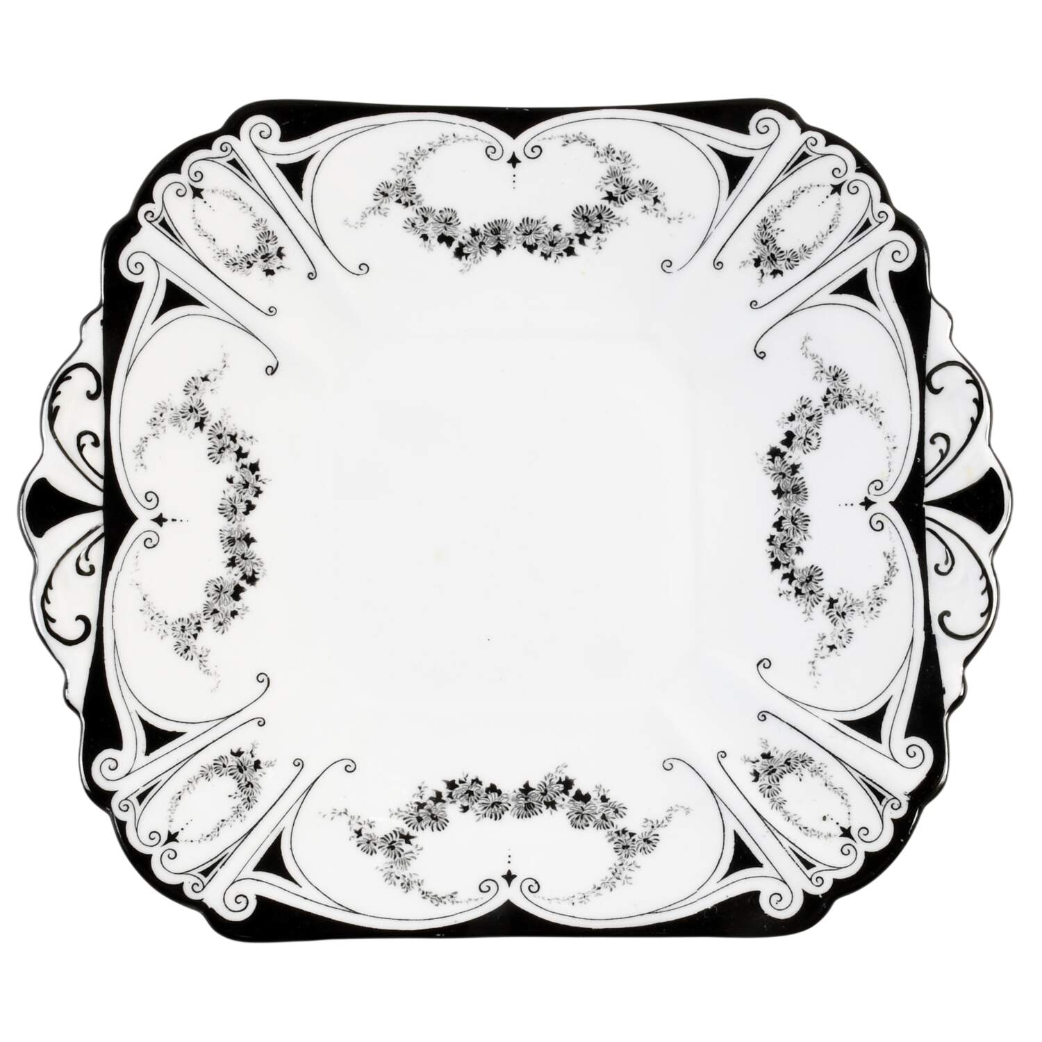 Garland of Flowers Black Square Handled Cake Plate by Shelley-1