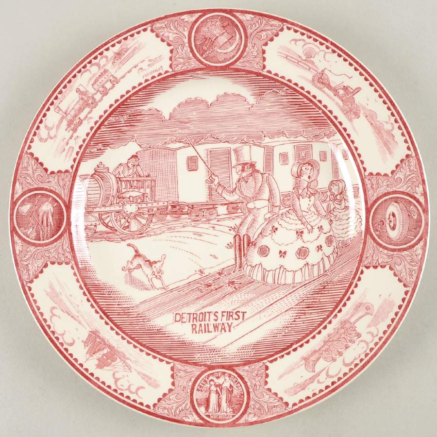 Historical Scenes of Early Detroit Pink Dinner Plate by Spode-1
