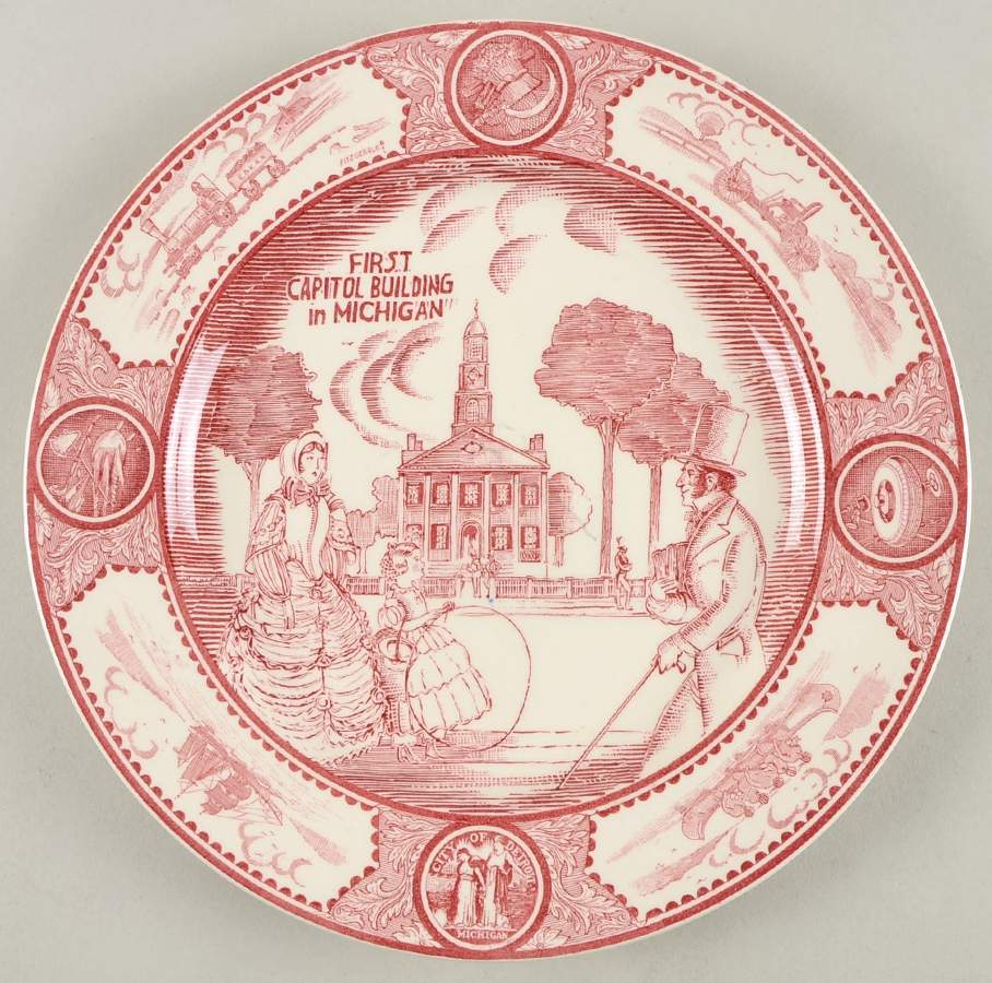 Historical Scenes of Early Detroit Pink Dinner Plate by Spode-1
