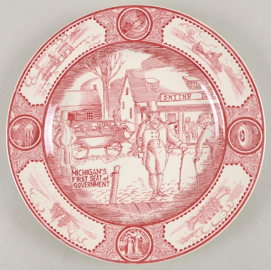 Historical Scenes of Early Detroit Pink Dinner Plate by Spode-1
