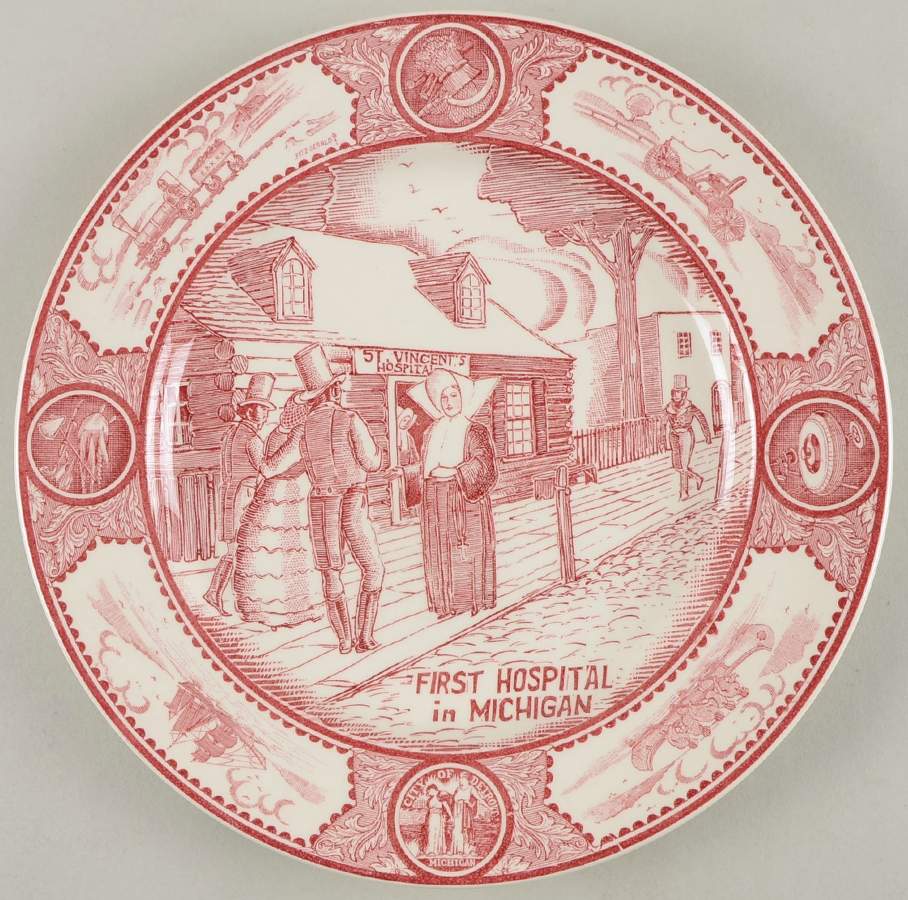 Historical Scenes of Early Detroit Pink Dinner Plate by Spode-1