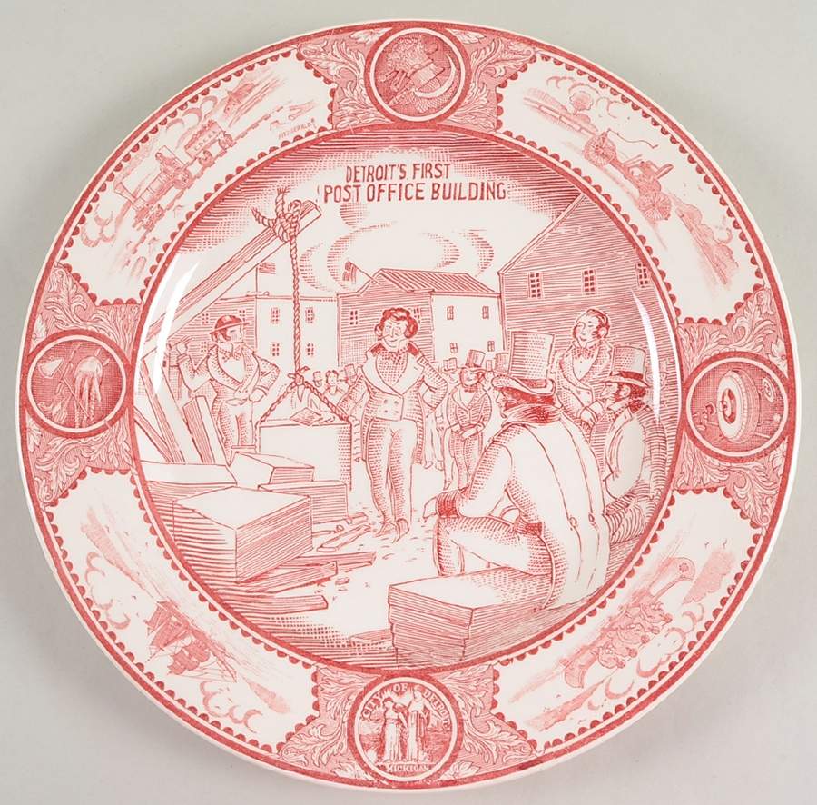 Historical Scenes of Early Detroit Pink Dinner Plate by Spode-1