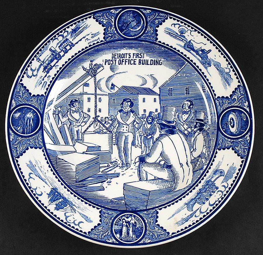 Historical Scenes of Early Detroit Blue Dinner Plate by Spode-1