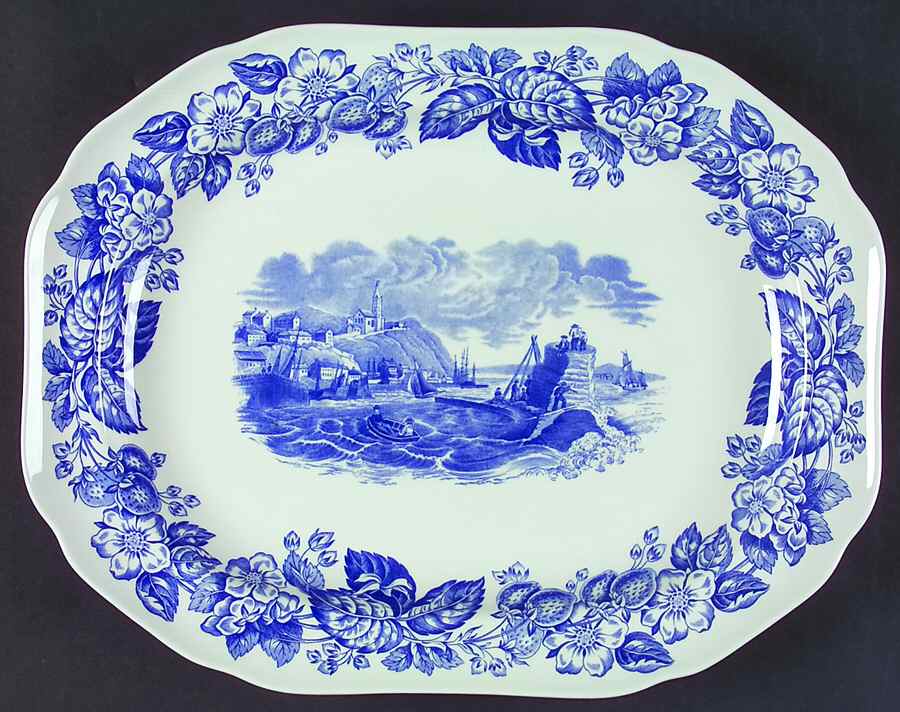 Old Salem (Blue Room Collection) 14" Oval Serving Platter by Spode-1