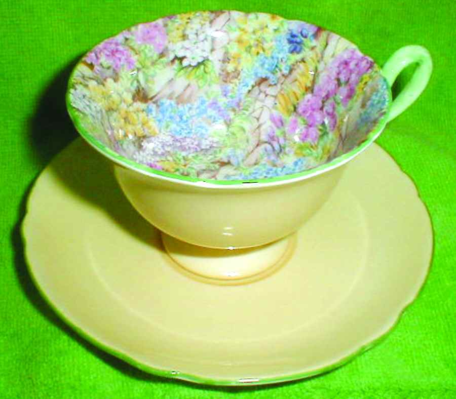 Rock Garden (Light Peach Outside, Green Trim) Footed Cup & Saucer Set by Shelley-1