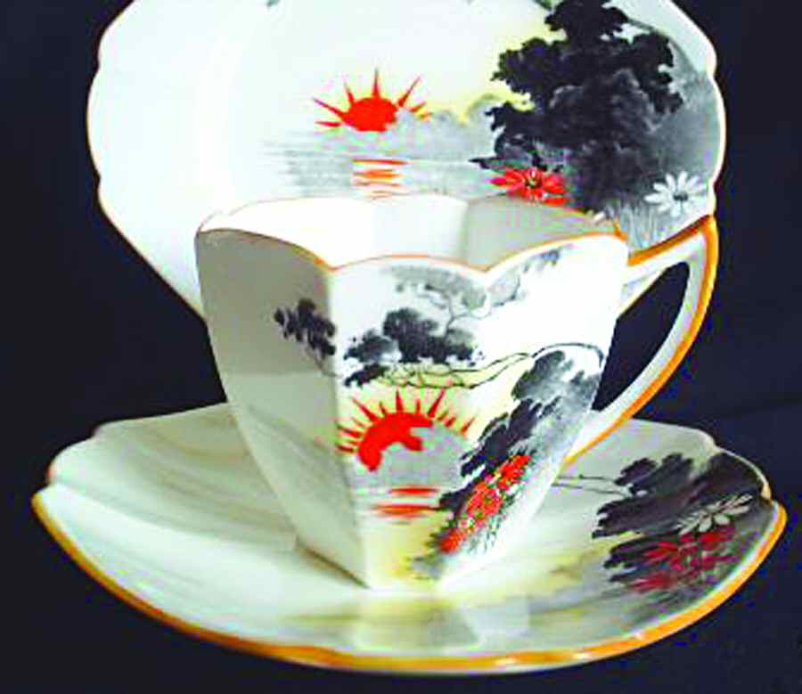Sunset & Flowers Flat Cup & Saucer Set by Shelley-1