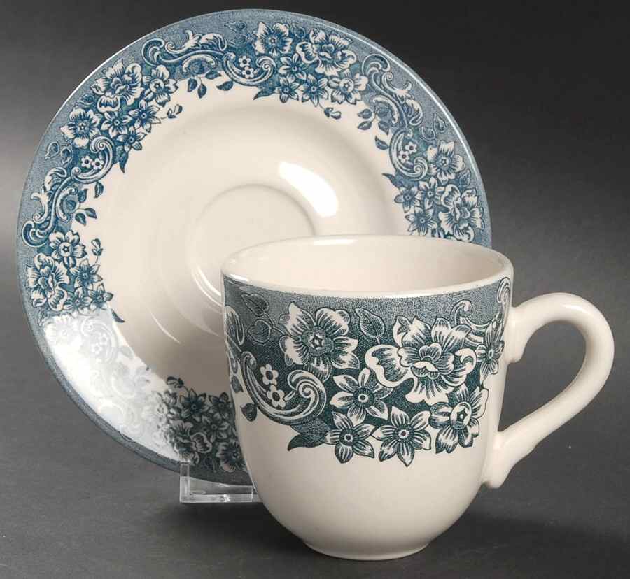 17th Century Blue Flat Cup & Saucer Set by Staffordshire Engraving-1