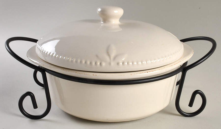 Sorrento Ivory Round Covered Baker & Metal Stand by Signature-1