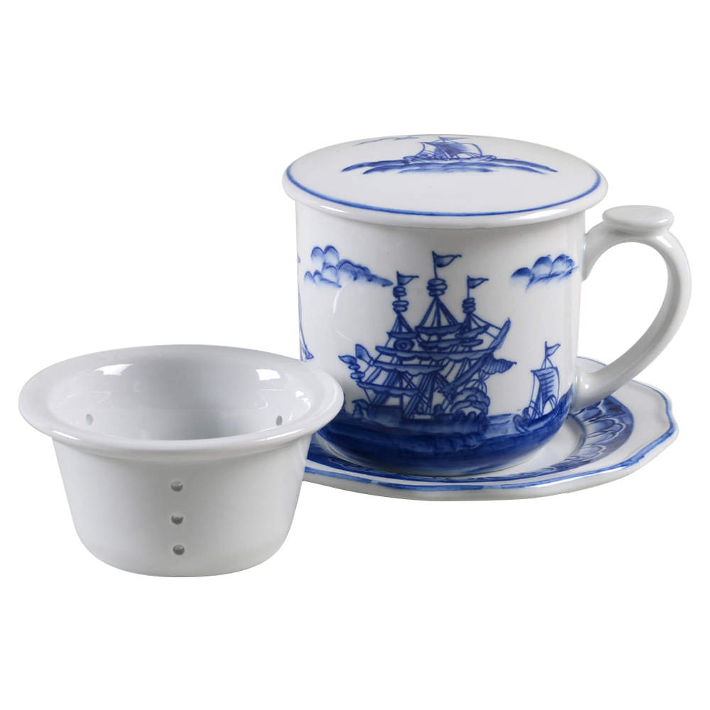 Blue Export Mug with Lid, Saucer & Strainer Set by Sadek-1