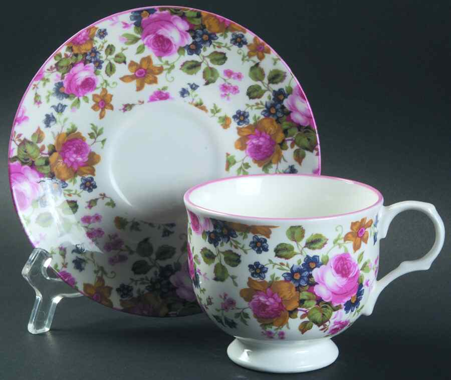 Olde Chintz (Pink Trim) Footed Cup & Saucer Set by Sadler-1