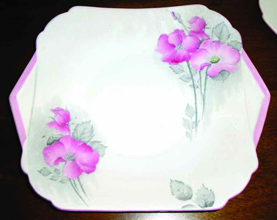 Dog Roses Pink Handled Cake Plate by Shelley-1