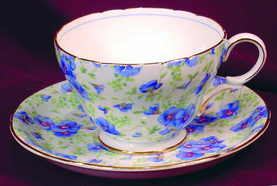 Blue Pansy Chintz (Gold Trim) Footed Cup & Saucer Set by Shelley-1