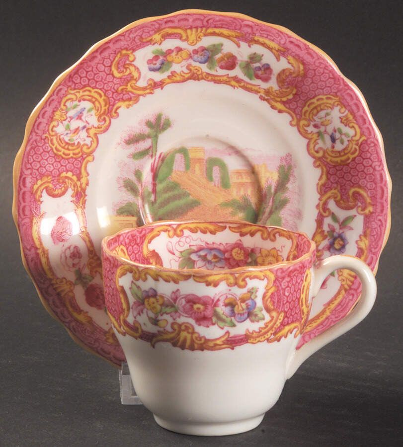 Spode's Quenn Mary (Pink and Yellow) Flat Demitasse Cup & Saucer Set by Spode-1