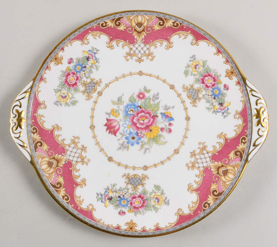 Sheraton Pink (13289, Scalloped) Handled Cake Plate by Shelley-1