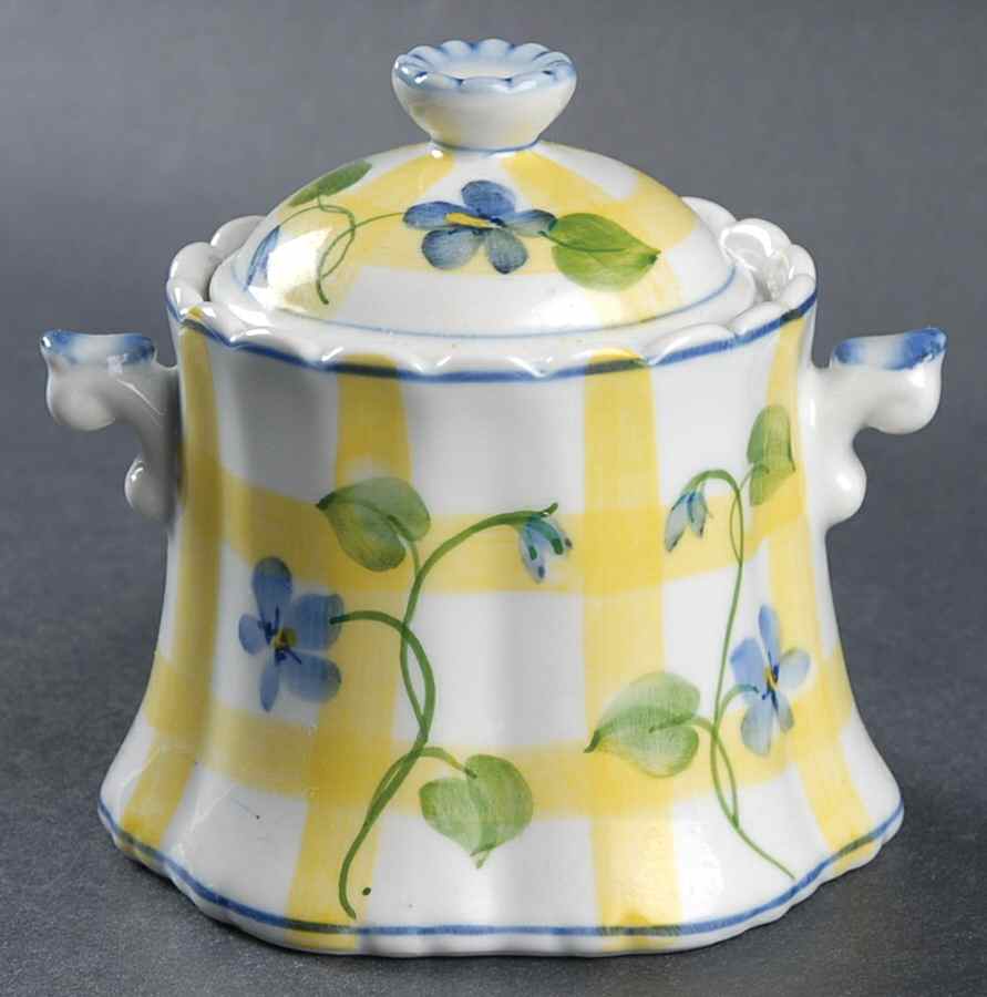 Forget Me Not & Yellow Plaid Sugar Bowl & Lid by Sadek-1
