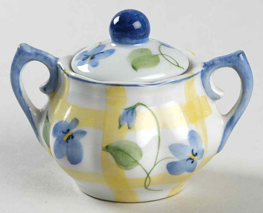 Forget Me Not & Yellow Plaid Mini Sugar Bowl & Lid by Sadek-1