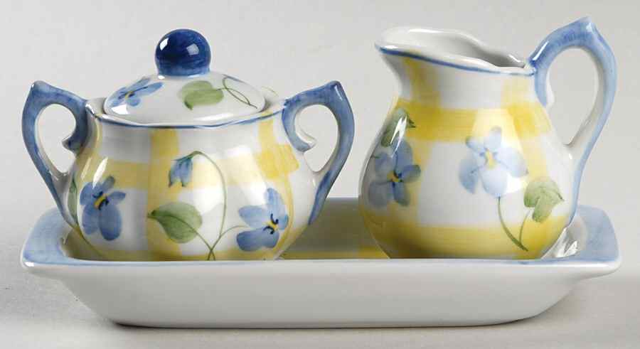Forget Me Not & Yellow Plaid Mini Creamer & Sugar with Lid & Tray by Sadek-1