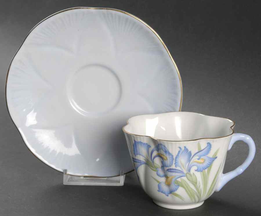 Blue Iris (Gold Trim) Flat Cup & Saucer Set by Shelley-1