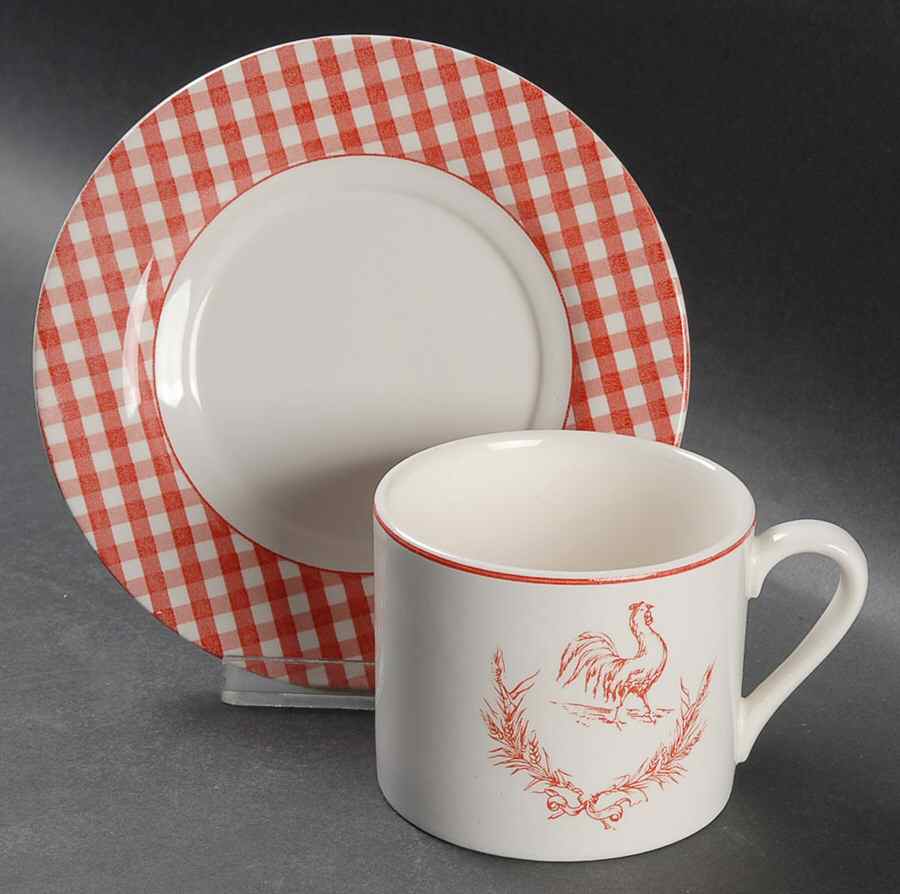 Rooster Gingham Red Flat Cup & Saucer Set by Stoney Hill-1