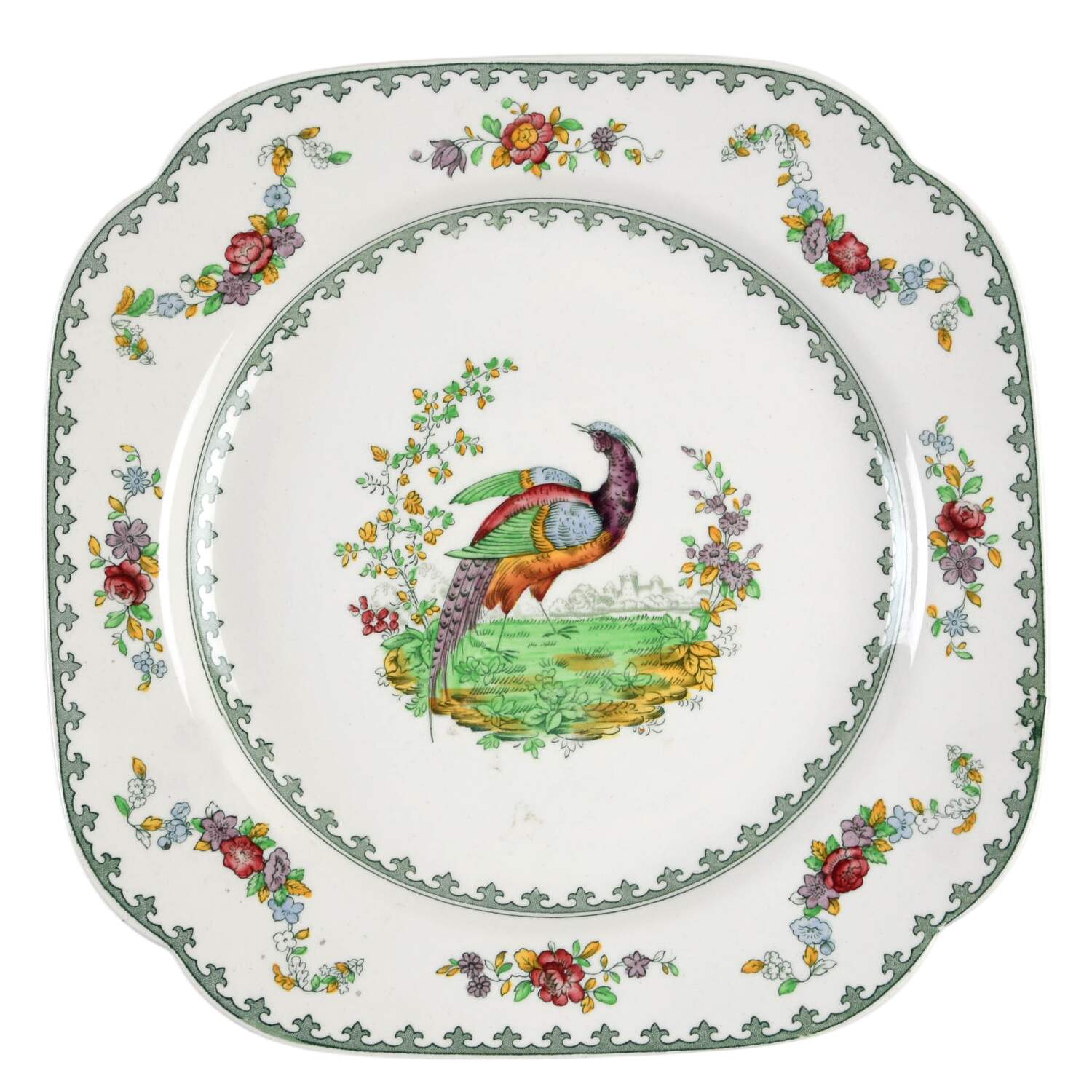 Vienna (Bird Center, Green) Square Handled Cake Plate by Spode-1