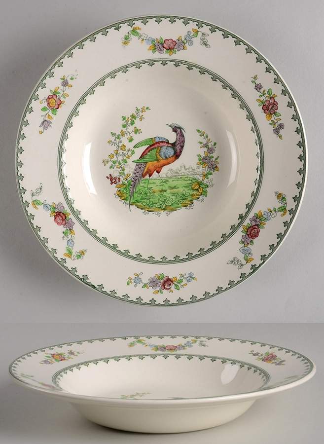 Vienna (Bird Center, Green) Large Rim Soup Bowl by Spode-1