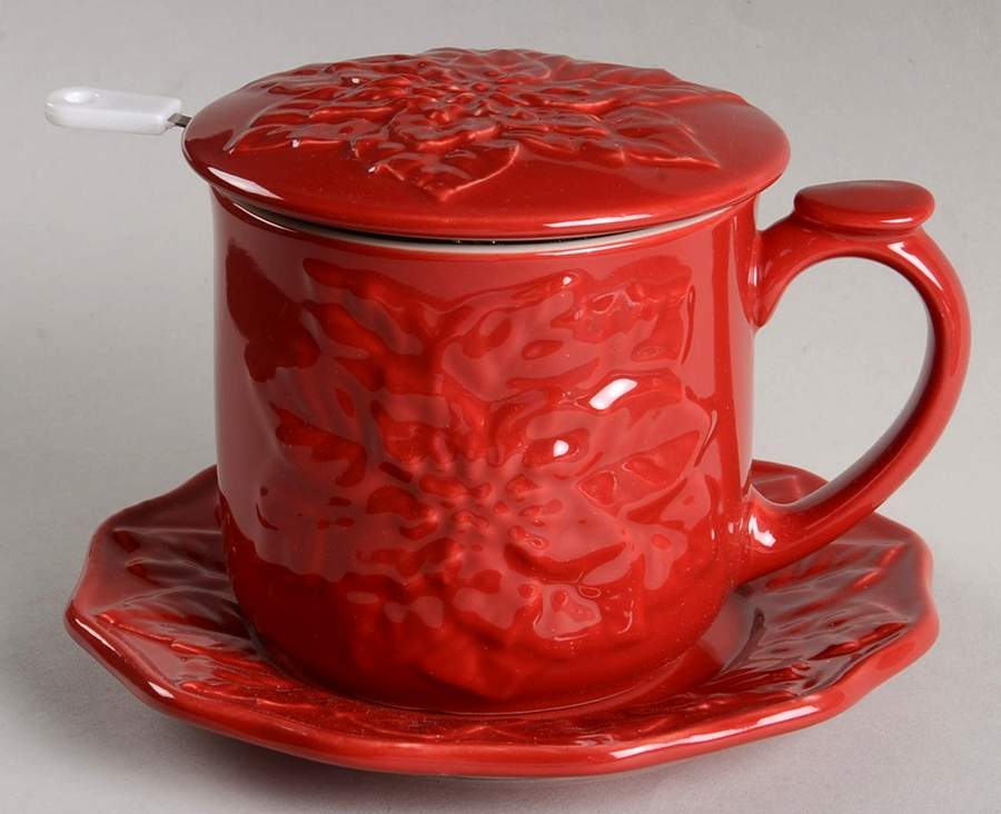 Poinsettia Red Mug with Lid, Saucer & Strainer Set by Sadek-1