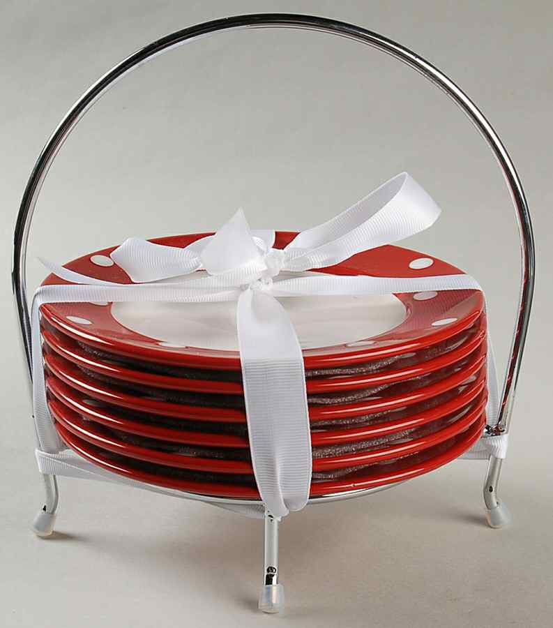 Dots Red Bread & Butter Plates & Caddy - Set of 6 by Signature-1