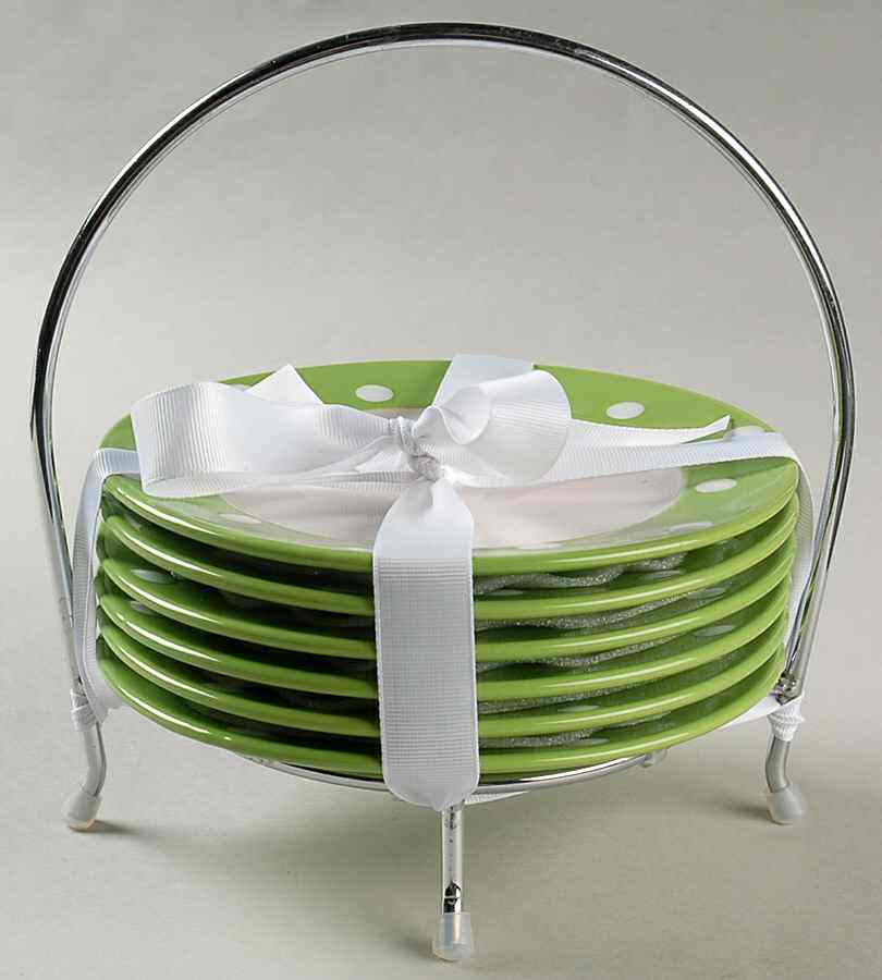 Dots Green Bread & Butter Plates & Caddy - Set of 6 by Signature-1