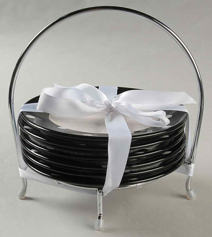 Dots Black Bread & Butter Plates & Caddy - Set of 6 by Signature-1