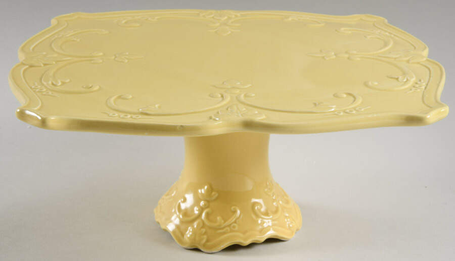 Fancy Scroll Antique Yellow 11" Diameter Square Pedestal Cake Stand by Sweet Olive Designs-1